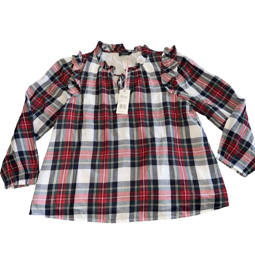 Vineyard Vines Blackwatch Ruffle Popover Woven Plaid Top Size XS NWT Red Blue - Picture 7 of 12